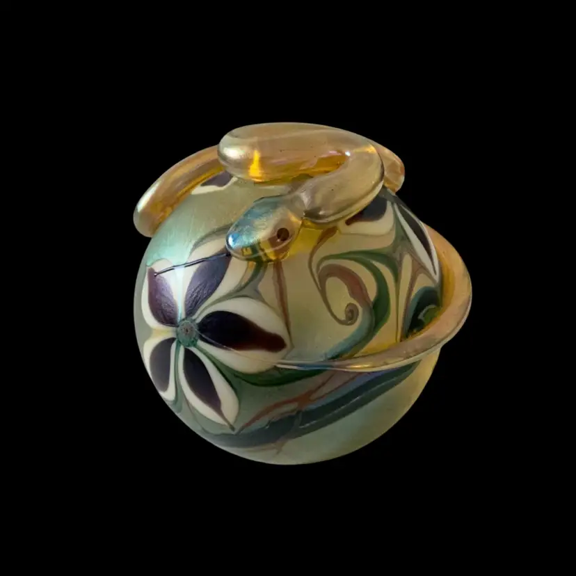 Orient And Flume 1980 Art Glass Paperweight w/Snake And Florals 3”