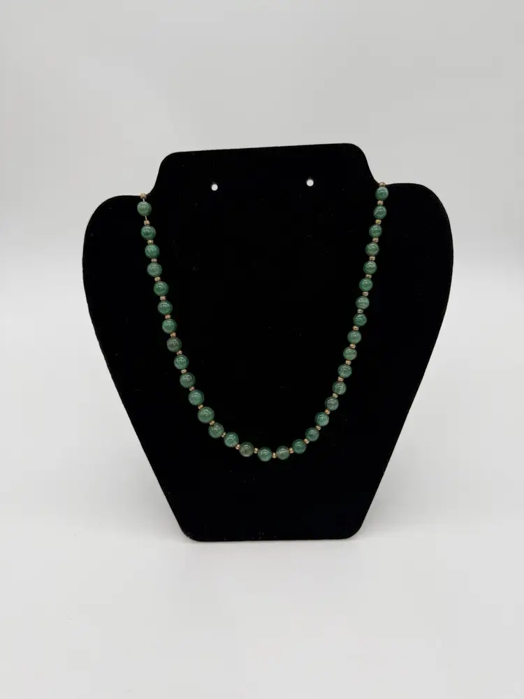 Green Aventurine Jade Beaded Necklace With Brass Barrel Clasp & Beads Vtg. 22”