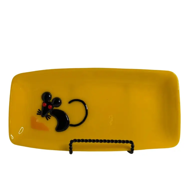 Rectangular Pressed Glass Serving Tray/Shelf Art Bright Yellow With A Mouse And A Slice Of Cheese Signed KL
3/4” H x 9-3/4” L x 4-3/4” W