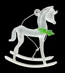 Vintage Hand Blown Frosted Satin Glass Christmas Ornament Rocking Horse Holly 3”
