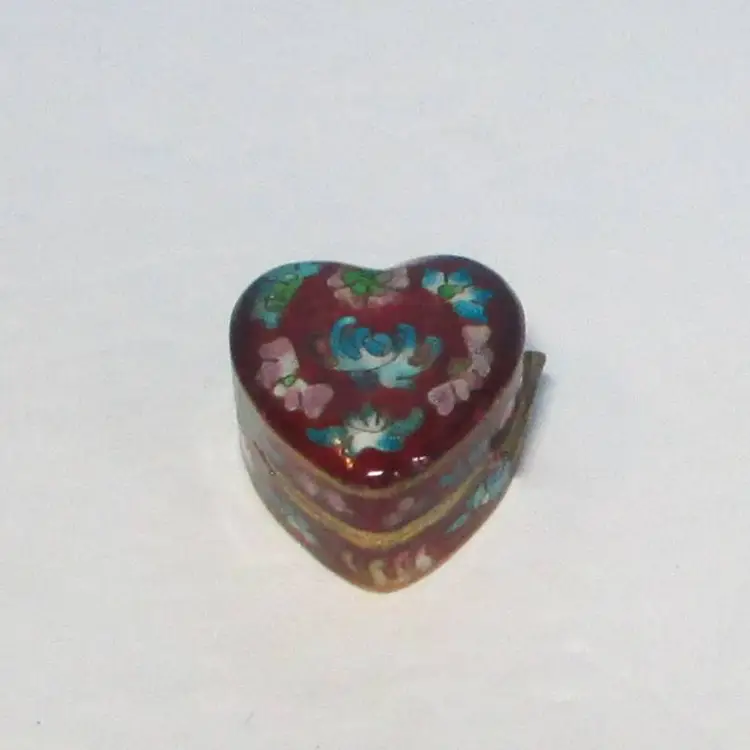vintage Cloisonne enamel heart shape pill miniature trinket box red floral design