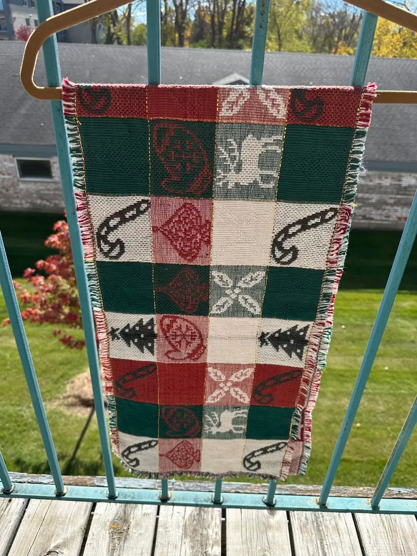 Vintage Table Runner Reversible Christmas Fringed Tapestry 66” Long NOS