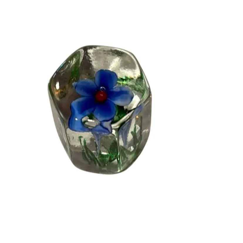 Antique Hexagonal Art Glass Paperweight - Blue Flower With Red Cane Center - 2.25”