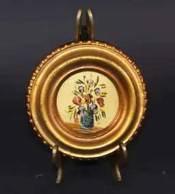 Vintage Small Still Life Flower Oil On Copper Painting Round Gold Wood Frame Italy
