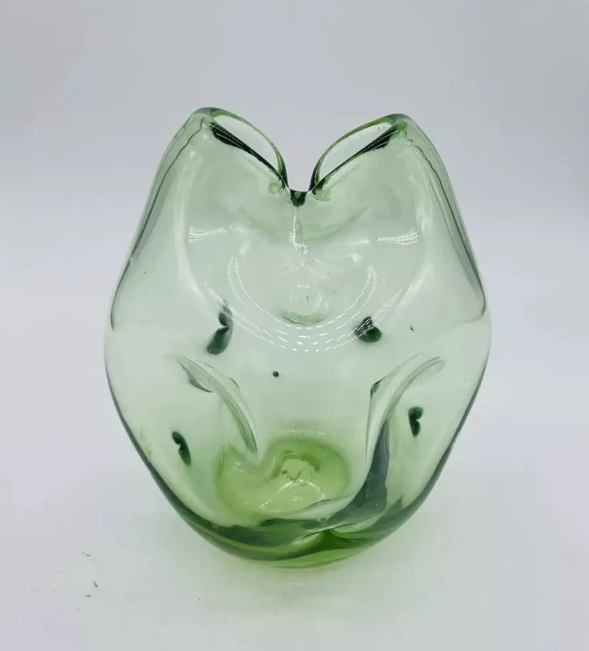 BISCHOFF VASE PINCHED/DIMPLED HAND-BLOWN ART GLASS LIGHT GREEN