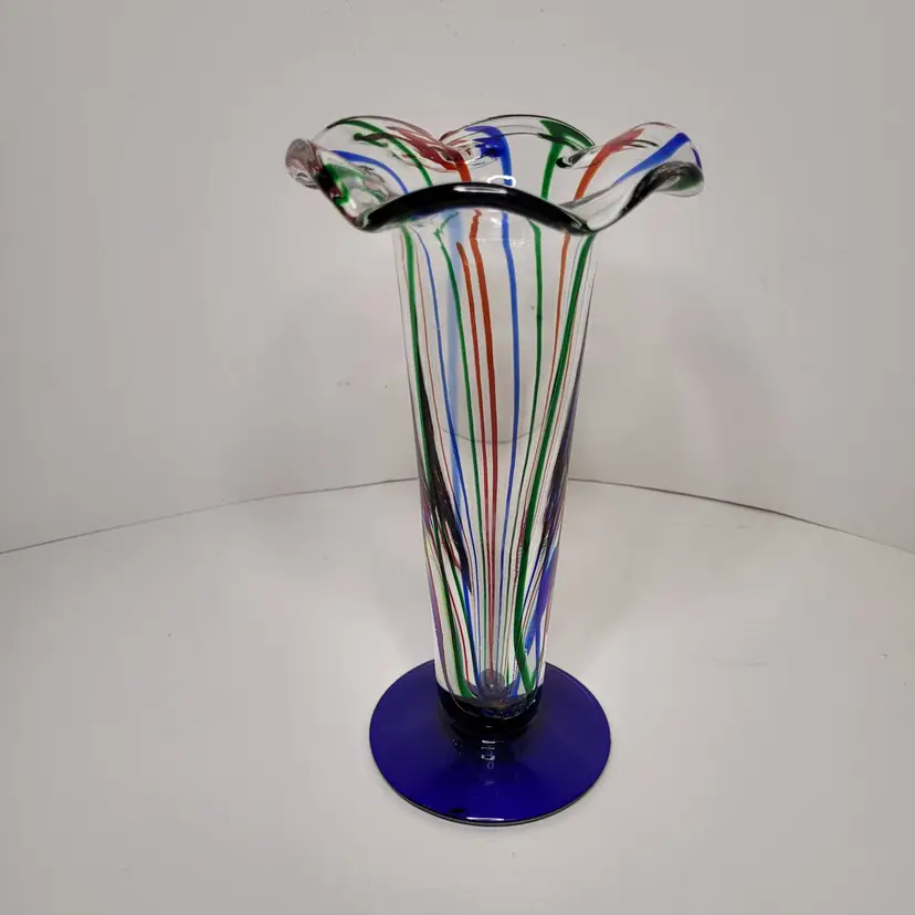 Art Glass Vase with Ruffled Top and Blue Green & Red Stripes Dark Blue Foot