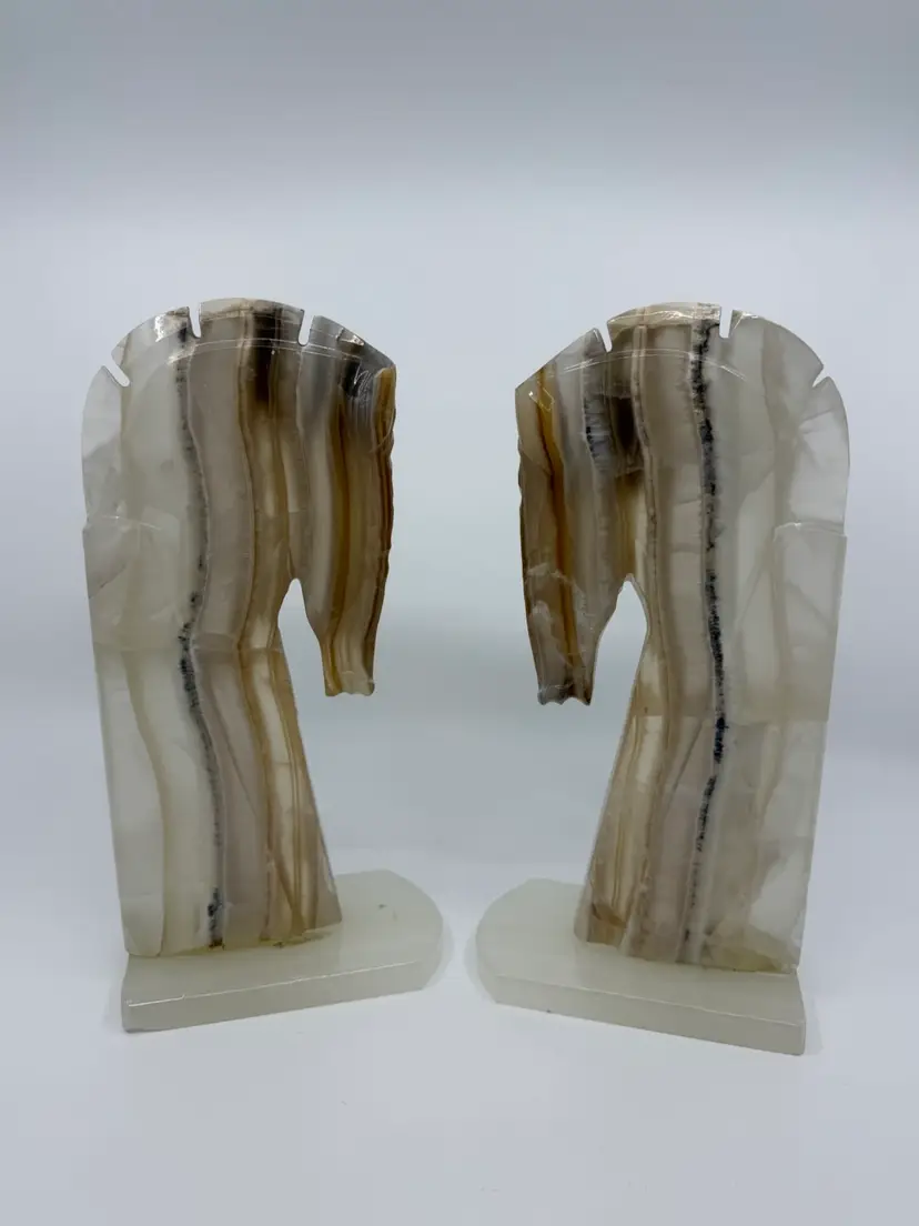 Vintage Tall Pair Of Onyx Knight Horse Head Book Ends Mexico 10.5”- 7lb