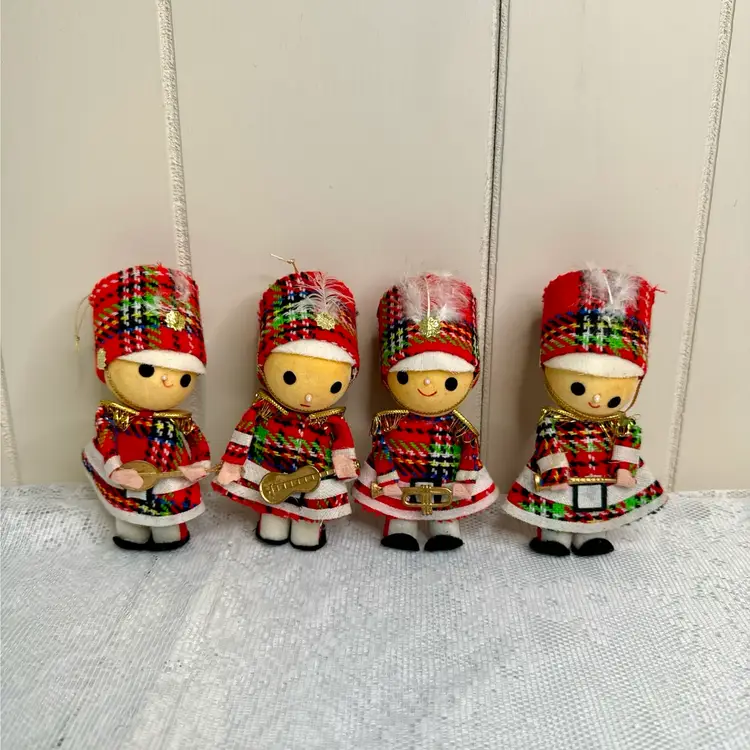 Vintage Made In Japan Flocked Marching Band Ornaments- Set Of 4