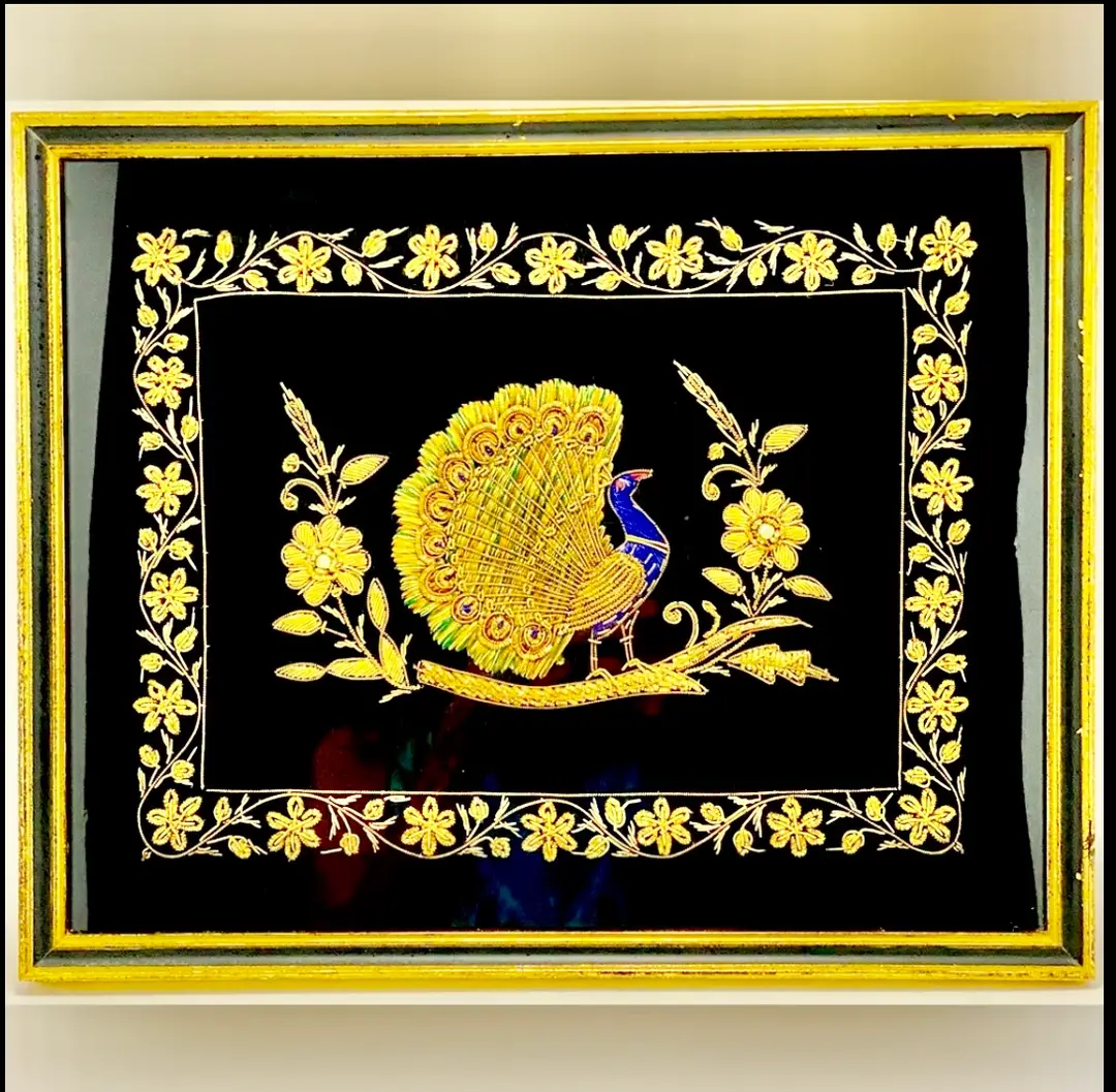 ✅ Stunning Rare Peacock Gold Floral Zardozi Zari Framed Wall Art Work Picture
