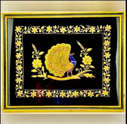 ✅ Stunning Rare Peacock Gold Floral Zardozi Zari Framed Wall Art Work Picture