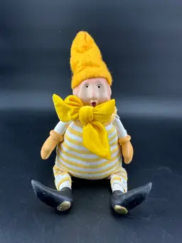 VTG Christmas Department 56 Hand Crafted Doll Yellow Striped Shelf Sitter(some Staining)