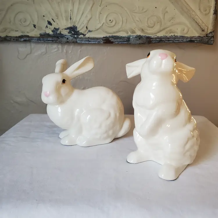 Pair of Ceramic White Rabbit Figurines