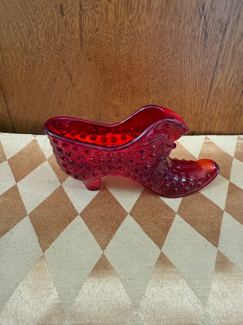 Red Fenton Hobnail Slipper Shoe GLOWS