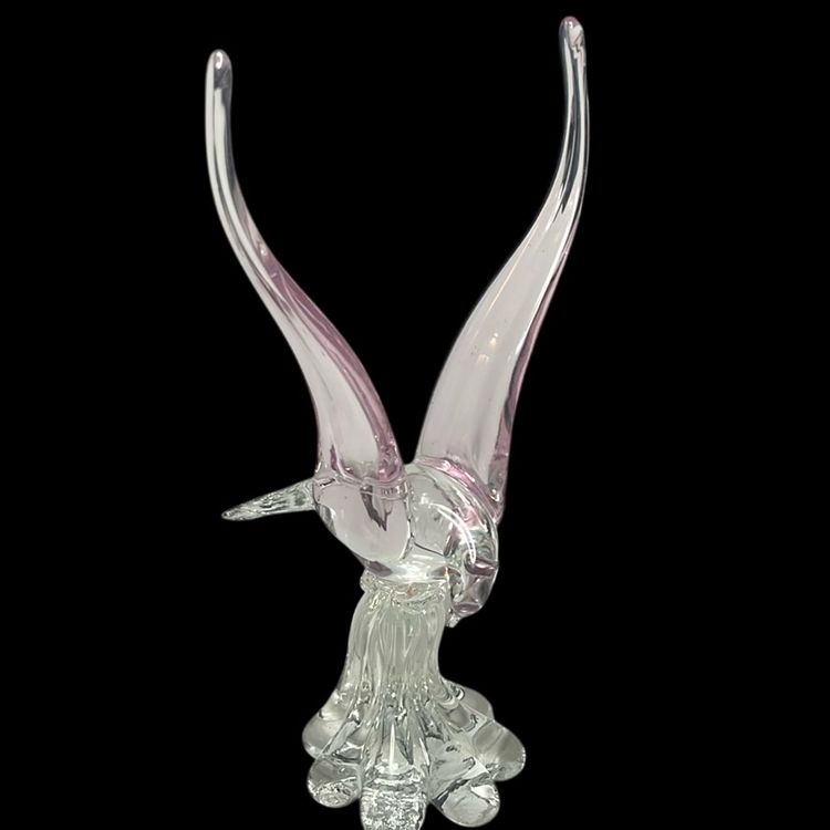 11.75” Tall Vintage Art Glass Pink & Clear Wings Upward Dove.