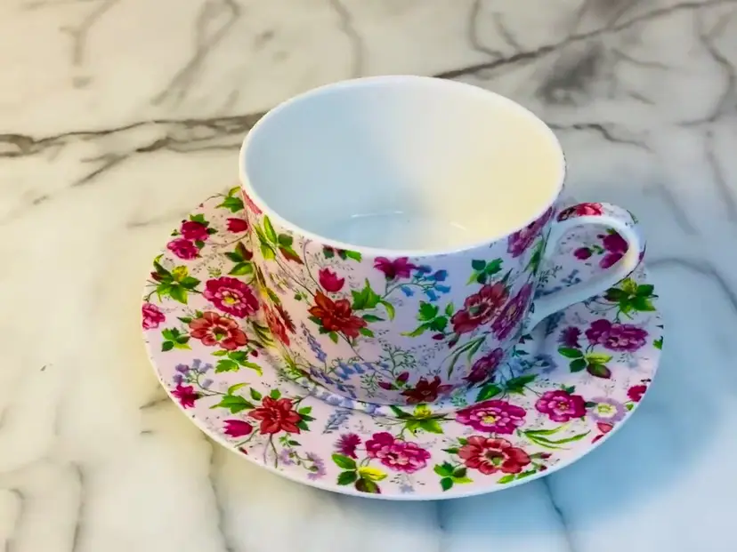 #3715 Floral Chintz Pattern Abbot New Bone Pink Teacup and Saucer Set 1990s