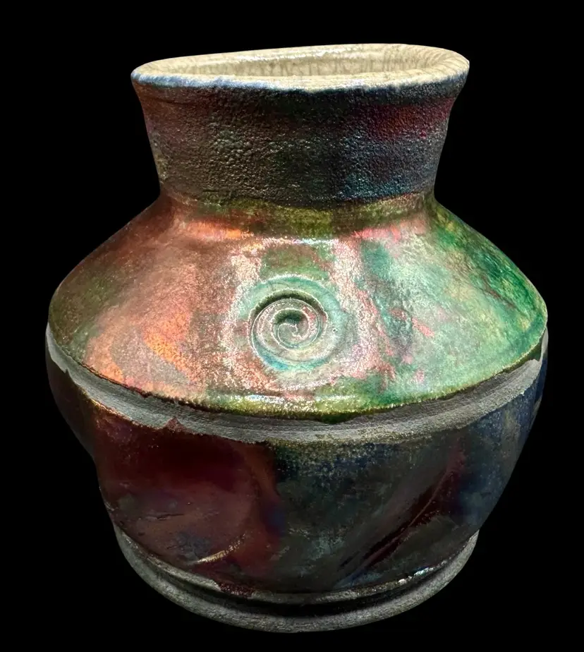 Signed AV Dana Studio Art Raku Pottery Vase Metallic Green Copper Spiral 4.75”