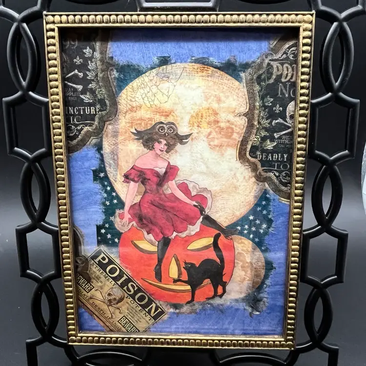 Wicked Good Or In Between? - Upcycled Black Metal Frame with Witch Black Cat Moon - Made By Me