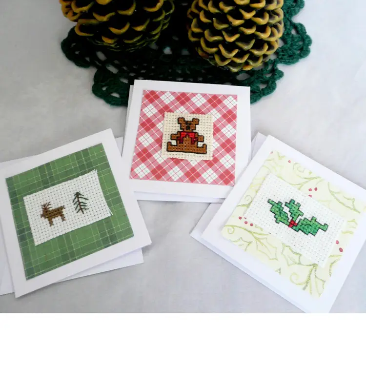 3 Classic Christmas Cross Stitch Blank Gift Tag-Note Card Rustic Reindeer Teddy Bear Green Holly Sprig