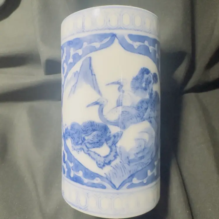 #1901 Vintage Chinese Blue and White Porcelain 5.25" Sleeve Vase Brush Pot Crane's Mountains Bitong Style