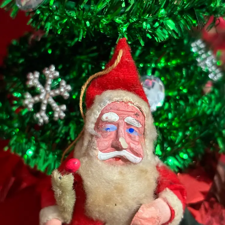 C-Very Vtg Chalkware And Felt Santa Ornament Japan/German?