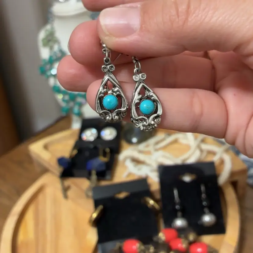 Faux Turquoise Silvertone Dangle Earrings