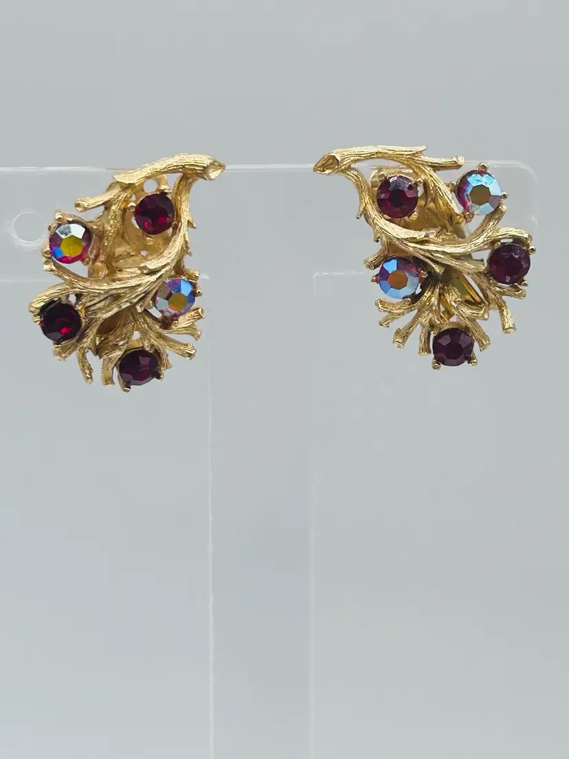 Vintage LISNER Gold Tone Branches & Berries Earrings Set Aurora Borealis