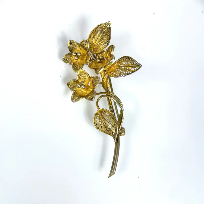 Vintage Gold Plated 800 Silver Filigree Lace Flower Brooch