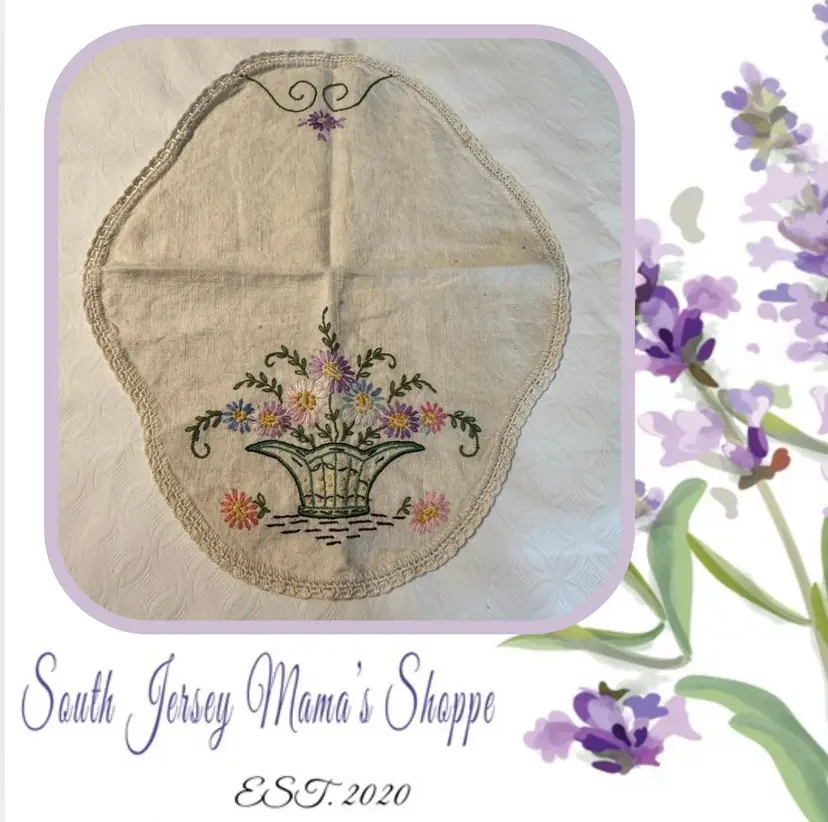 Vintage Hand Embroidered Flower Basket Candle Mat
