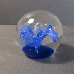 Hand Blown Art Glass Flower Paperweight Blue Flower Controlled Bubble - 2.5"