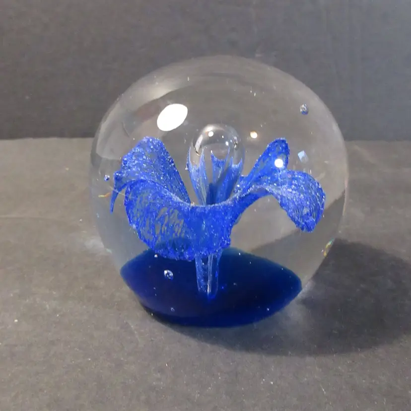 Hand Blown Art Glass Flower Paperweight Blue Flower Controlled Bubble - 2.5"