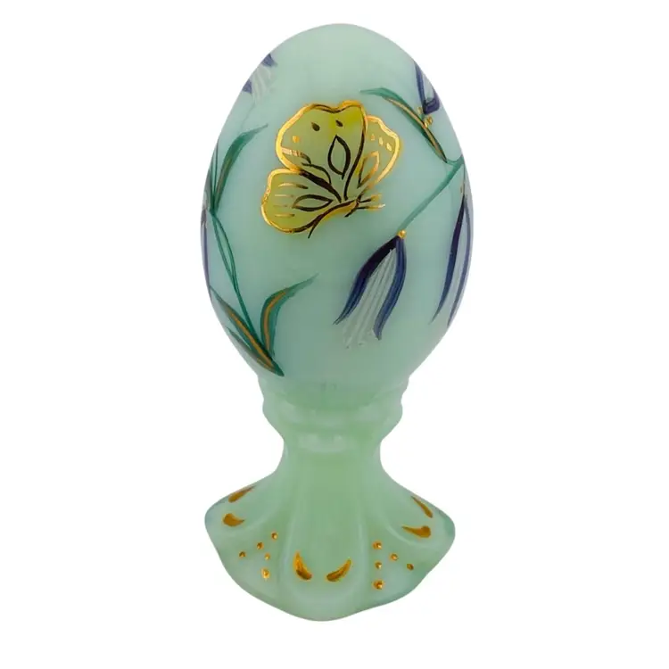 Fenton Glass Jadeite Egg Butterfly Floral Hand Painted Signed Vintage