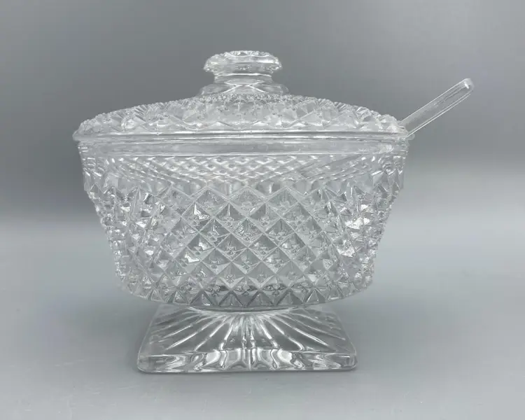Vintage Clear Glass Jam / Condiment Lidded Jar / Dish with Glass Spoon