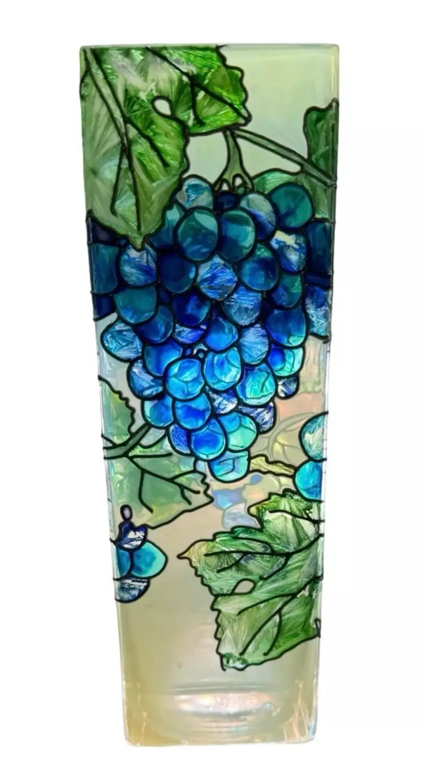 Hand Painted Joan Baker Designs Grapes Vines Leaves Stained Glass Look Vase 9 7/8" Tall