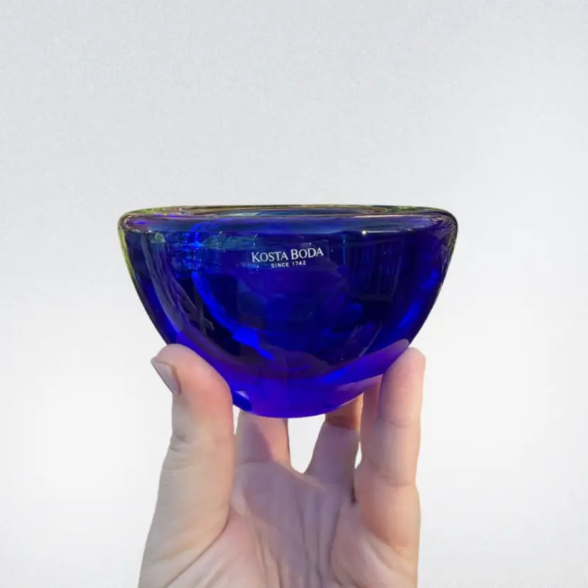 Kosta Boda Atoll Blue Swirl Art Glass Bowl Cobalt, Tealight Holder Votive Candle