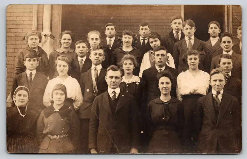 Postcard RPPC Coed School Group Class Photo Young Adult Students Teachers