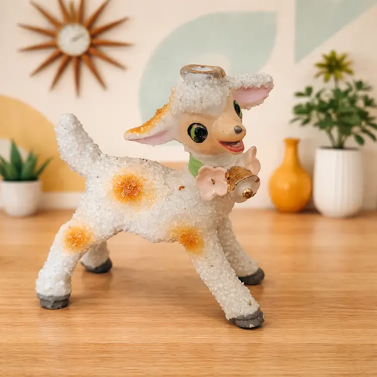 Vintage Japan Spaghetti Lamb Easter Figurine Bell Mid Century Spring Decor