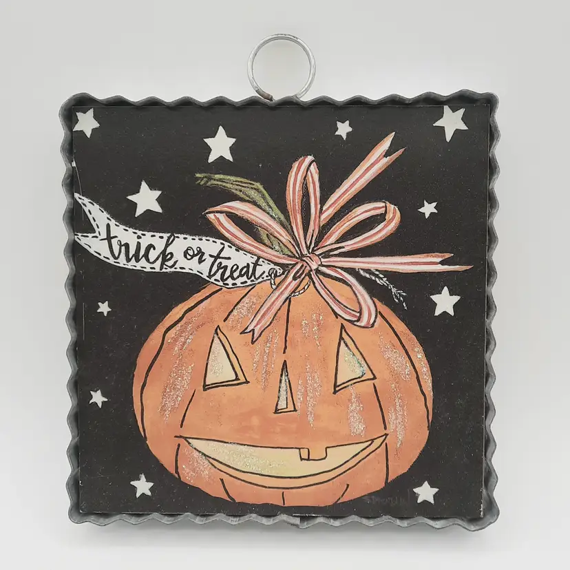 The Round Top Collection Halloween Jack O' Lantern Trick or Treat Galvanized Metal Frame Wall Hanging