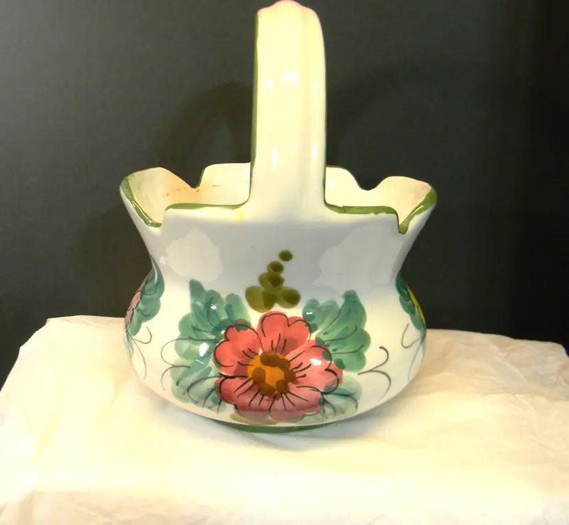 Small Ceramic Basket, handed painted flowers, Made in Italy