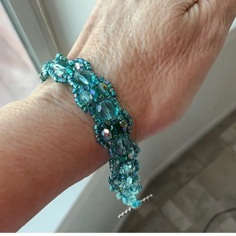 Turquoise Blue Swarovski Crystal Bead Bracelet with Toggle Artisan Made 7.5