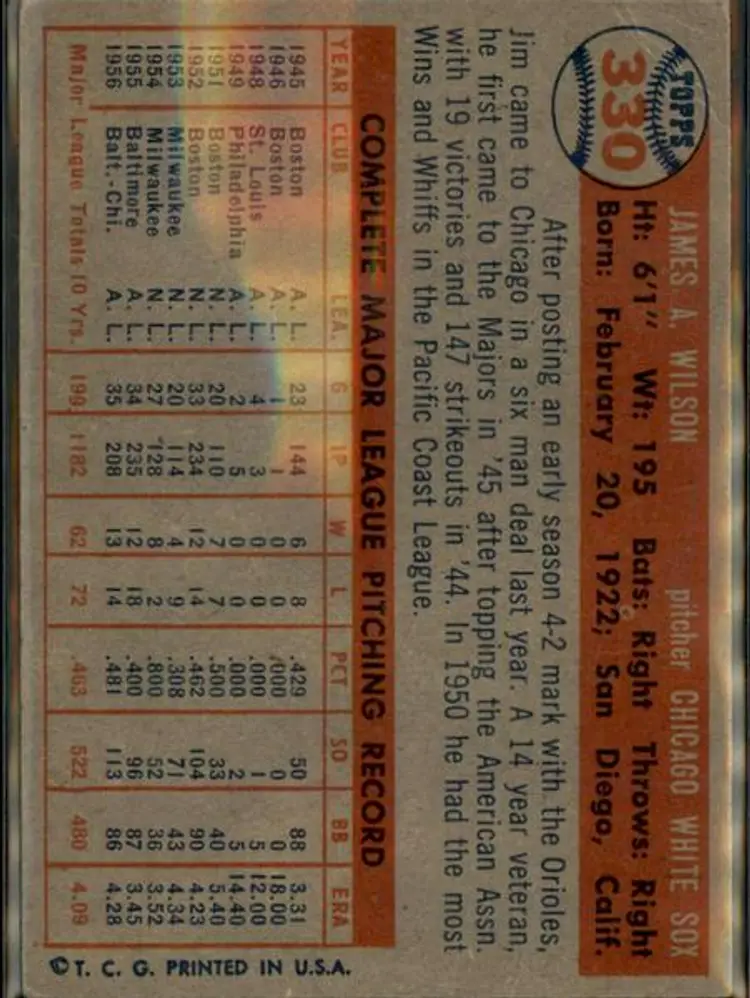 1957 Topps #330 Jim Wilson - ( pk1 ) - Chicago White Sox