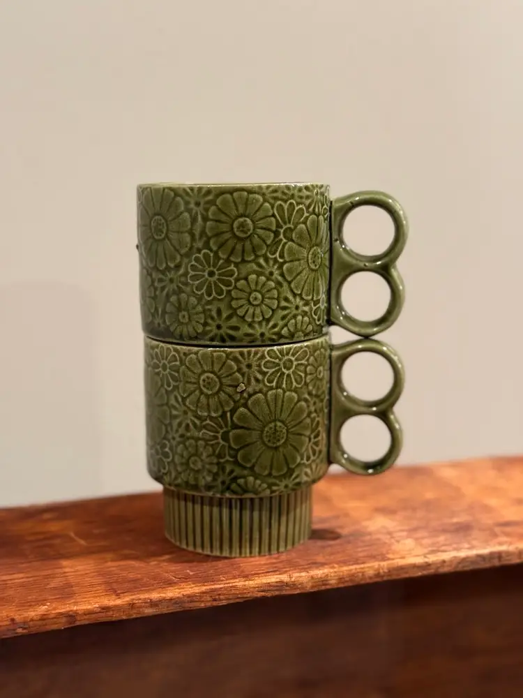 Vintage Green Floral Stacking Mugs – Made in Japan