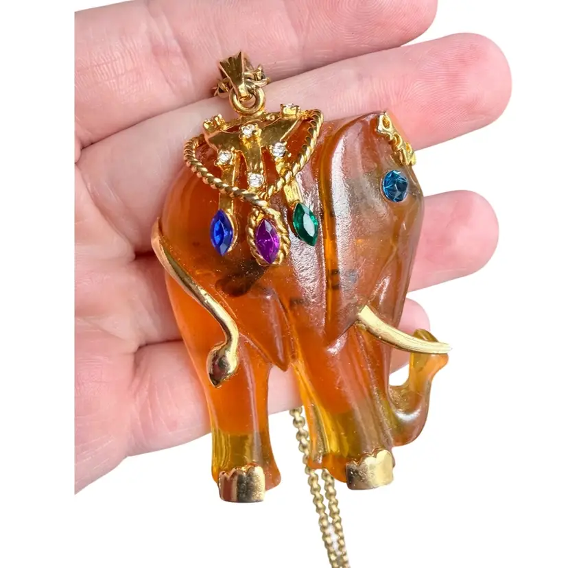 Vintage Amber Lucite Jeweled Ceremonial Elephant Necklace Brooch Combo