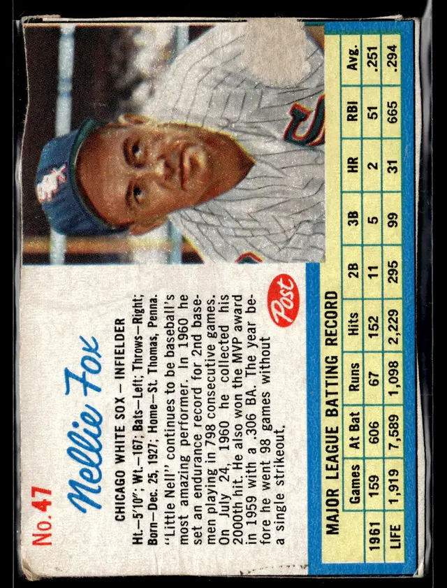 #7 Nellie Fox 1962 Post Cereal #47 *LIVE AUCTION*