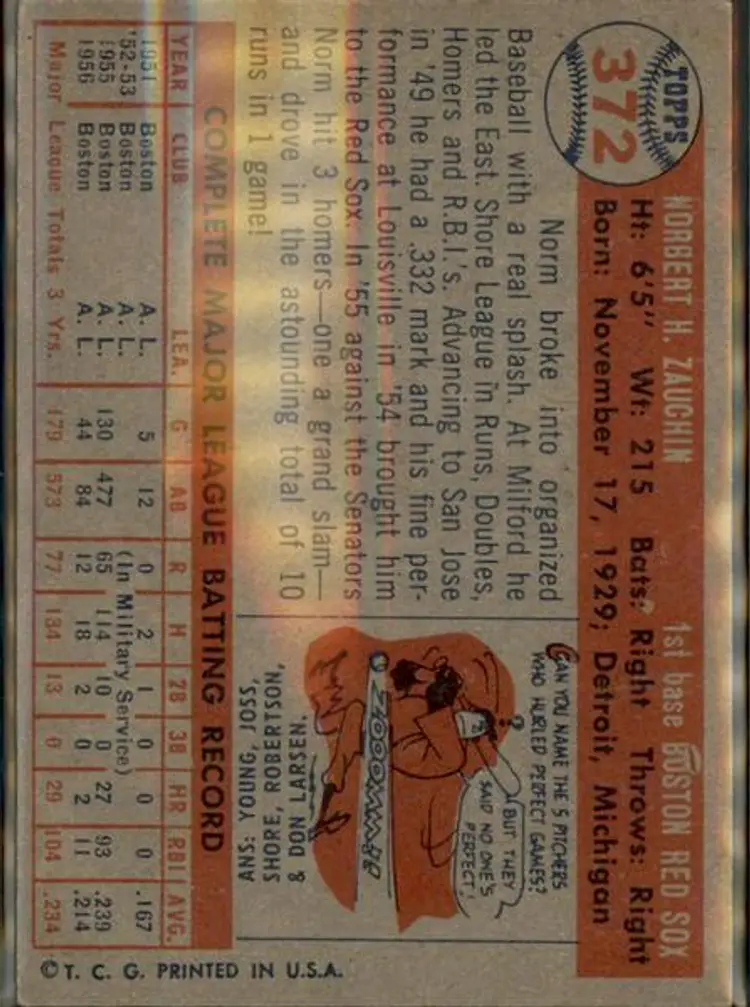 1957 Topps #372 Norm Zauchin - ( pk1 ) - Boston Red Sox