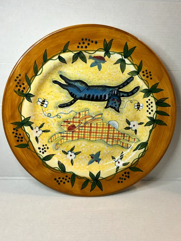 Vintage 2001 Lang & Wise Earthenware Plate by Susan Winget Cat & Rabbit