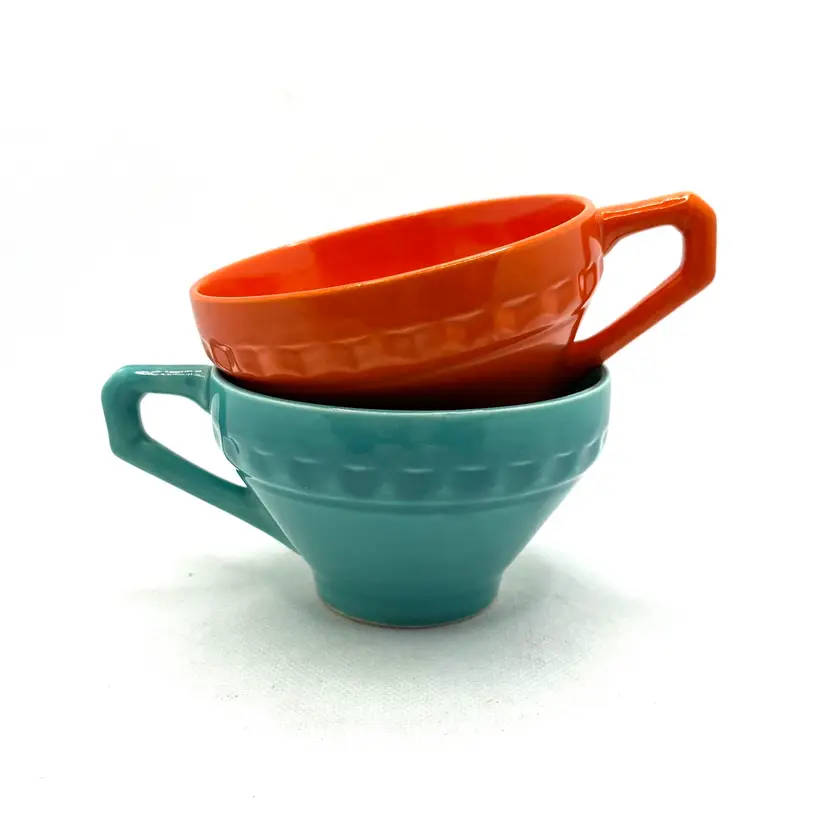 Vernon Kilns Pottery Coronado Orange And Aqua Blue Cup Set Of 2 Vintage