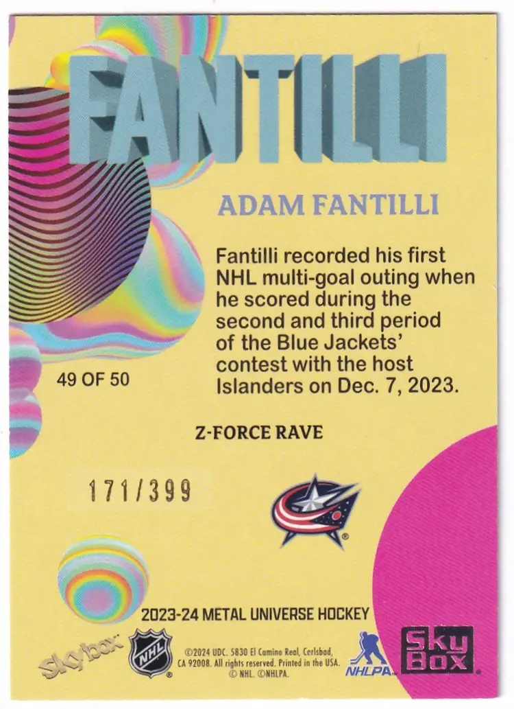 2023-24 Metal Universe Z-Force Rave #49 Adam Fantilli Columbus Blue Jackets Hockey Card