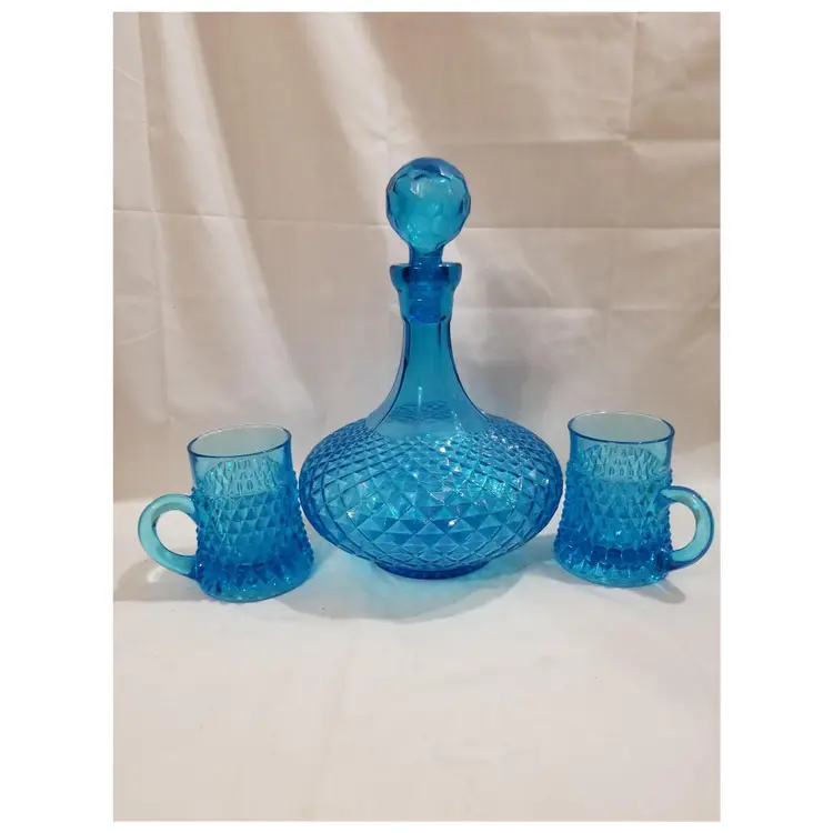 Vintage Blue Diamond Point Decanter With Mugs