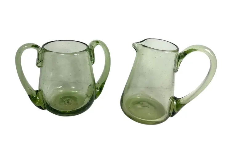 Creamer Open Sugar Set Hand Blown Green Glass