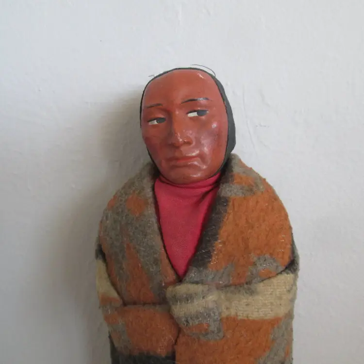 Early 12" SKOOKUM Chief Doll wool blanket with suede moccasins